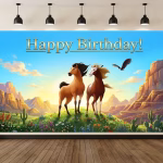 Background Textil Spirit Mustang Cod 790B Mockup cu un background textil pentru panou foto cu tematica Spirit Mustang, ilustrand doi cai salbatici pe o pajiste cu flori, munti in fundal, un vultur zburand si textul Happy Birthday.