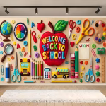 background textil welcome back to school Mockup cu un background textil pentru panou foto cu mesajul Welcome Back to School pe un mar rosu, inconjurat de rechizite ilustrate in stil fetru (lucru manual) cu cusaturi aparente.