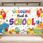 background textil welcome back to school Mockup cu un background textil pentru panou foto cu mesajul Welcome Back to School, unde literele au ochi simpatici, inconjurat de baloane colorate, autobuz scolar si rechizite pe un fundal alb luminos.