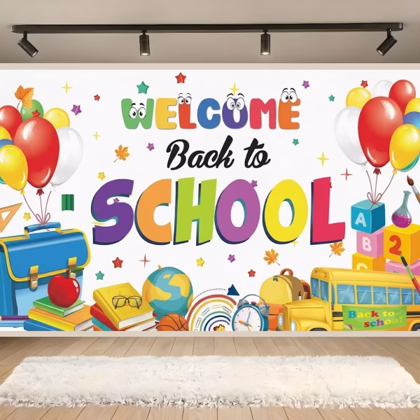 background textil welcome back to school Mockup cu un background textil pentru panou foto cu mesajul Welcome Back to School, unde literele au ochi simpatici, inconjurat de baloane colorate, autobuz scolar si rechizite pe un fundal alb luminos.