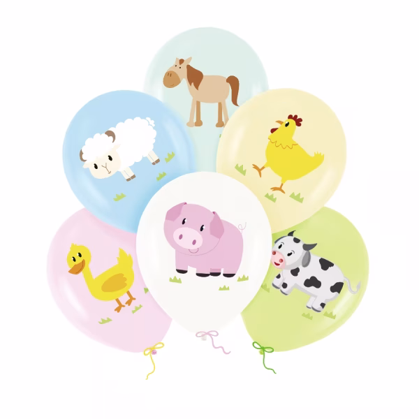 Set 6 Baloane Animale De Ferma, Pastel, 30 cm Set de 6 baloane pastelate din latex, imprimate cu animale de ferma adorabile: porc, oaie, cal, vaca, gaina si rata, perfecte pentru petrecerile copiilor.