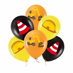 Set 6 Baloane Lucrari Rutiere si Constructii Set de 6 baloane din latex pentru petreceri tematice de santier, incluzand baloane portocalii cu excavator, galbene cu casca de protectie si negre cu con de circulatie.