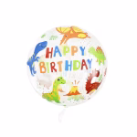 Balon Bobo Transparent Dinozauri Happy Birthday Balon rotund transparent din poliuretan cu imprimeuri colorate de dinozauri si mesajul Happy Birthday.