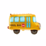 Balon galben din folie cu detalii albastre si negre, avand imprimat textul SCHOOL BUS si un semn STOP.