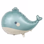 Balon din folie metalizata in forma de balena dragalasa, in nuante de bleu pastel si bej, cu inotatoare si detalii simpatice.