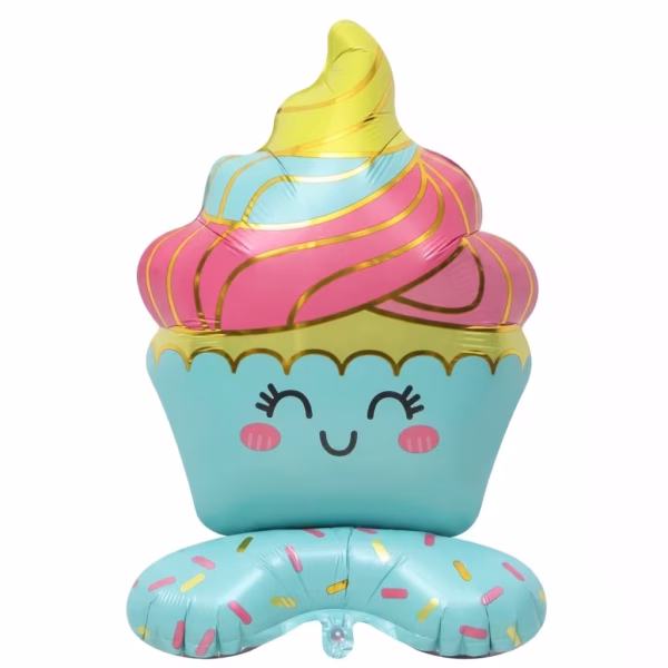 balon folie briosa airwalker 49x29 cm Figurina din folie in forma de briosa zambitoare cu glazura pastelata roz si galbena, model airwalker care sta singur in picioare pe o baza cu bombonele.