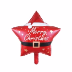 Balon metalizat in forma de stea rosie, cu tematica Mos Craciun si stelute aurii, text Merry Christmas pe fundal alb.