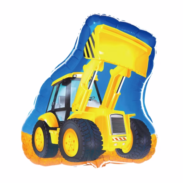 Balon Folie Excavator 55x65 cm Balon din folie ilustrând un excavator galben cu cupa ridicată, conturat pe un fundal de cer albastru și pământ.