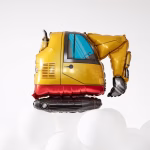 Balon Folie Excavator 75x63 cm Balon din folie in forma de excavator galben cu detalii realiste plutind deasupra unui decor cu baloane albe.