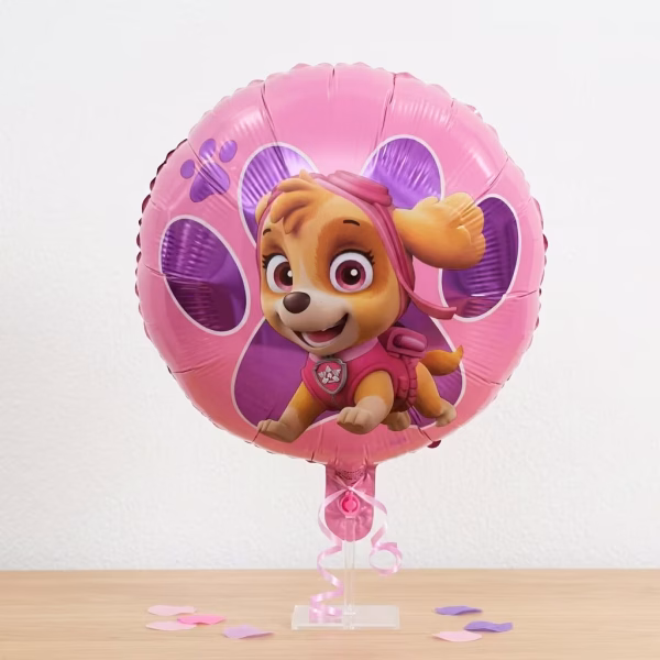 Balon Folie Patrula Catelusilor 45 cm Skye roz Balon rotund din folie metalizata cu fundal roz si amprenta mov de catel, ilustrand personajul Skye din desenul animat Patrula Catelusilor, dimensiune 45 cm.