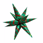 Balon metalizat 4D in forma de stea cu mai multe colturi, verde cu detalii rosii si albe, prezentat pe fundal alb.
