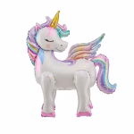 Balon folie 3D in forma de unicorn cu corn auriu si detalii pastelate vazut din profil stang.