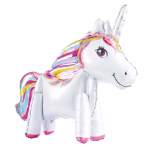 Balon Folie Unicorn Airwalker 68x60 cm Balon din folie în formă de unicorn alb cu coamă și coadă multicolore, corn argintiu și copite roz, cu design airwalker pentru a sta pe sol.