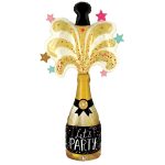 Balon din folie metalizata forma sticla sampanie aurie cu eticheta neagra Let's Party si artificii cu stele in partea de sus.