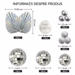 Schemă detaliată cu cele 19 piese ale setului disco: frunze holografice 10.92x13.2 cm, topper rotund 5 cm, bile disco de 5, 4 și 3 cm, și bile argintii de 2.5 cm.