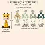 Schemă detaliată cu cele 21 de piese ale setului: o girafă de 8.4 cm și 20 de bile cu diametrul de 2.5 cm (5 aurii, 5 verde mentă deschis, 5 verde salvie, 5 verde pădure).