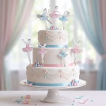 Set 12 Toppere Tort Balerine Roz și Bleu Tort etajat elegant în nuanțe de alb, decorat cu panglici și perle pastelate, încununat de un set de toppere sub formă de balerine cu fustițe 3D din tull roz și bleu.
