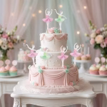 Set 12 Toppere Tort Balerine Roz și Verzi Tort etajat elegant în nuanțe pastelate de roz și alb, decorat festiv cu trandafiri și un set de toppere sub formă de balerine cu fustițe 3D din tull roz și verde mentă.