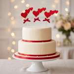 Set 3 Toppere Tort Inimi Roșii Tort alb etajat cu panglici roșii la bază, decorat festiv cu un set de 3 toppere sub formă de cascadă de inimi roșii cu sclipici și fundițe.