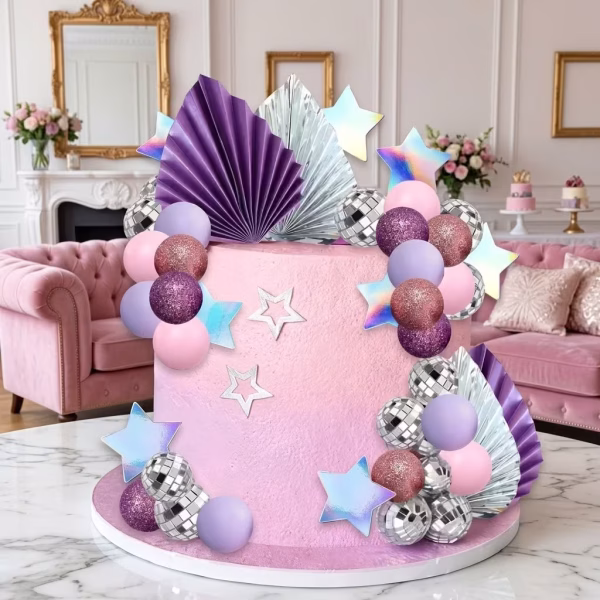 Set 41 Toppere Tort Disco K-Pop Tort roz deschis decorat cu o coroană din toppere 3D tematice: frunze evantai mov și argintii, bile disco, bile pastelate lila și roz, alături de stele holografice.