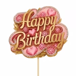 Detalii grafice topper tort Happy Birthday din carton roz cu decorațiuni aurii, inimi și floricele, Cod T501.