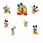 Detaliu set 7 toppere tort Mickey Mouse si prietenii pachet complet cu figurine carton bete bambus si buline adezive