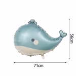 Schita cu dimensiunile balonului din folie in forma de balena, indicand 71 cm pe lungime si 56 cm pe inaltime.