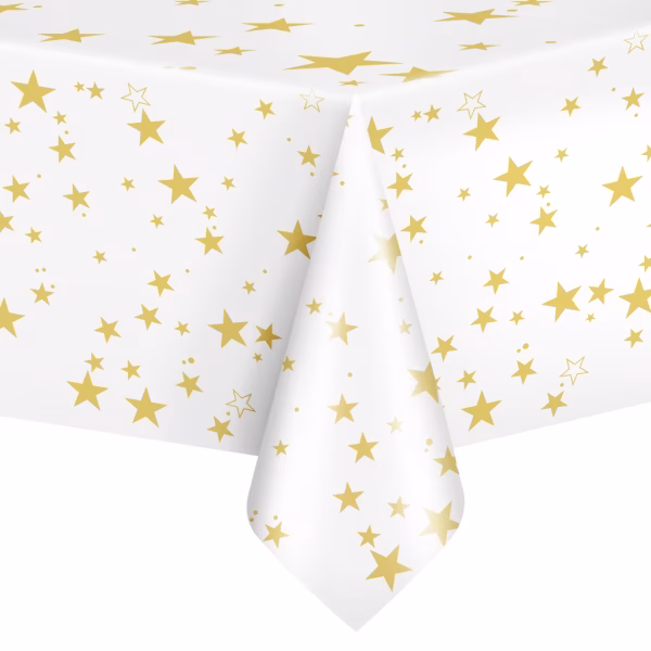 Fata De Masa Alba Cu Stelute Aurii Fata de masa alba din plastic, decorata cu stelute aurii de diferite dimensiuni, impermeabila, ideala pentru Candy Bar si evenimente magice pentru copii.