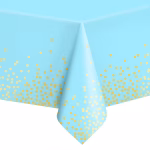 Fata De Masa Albastra Cu Confetti Aurii 137x274 cm Fata de masa albastru deschis din plastic, decorata la baza cu un model festiv de confetti (buline) aurii, impermeabila, ideala pentru botezuri si aniversari de baieti.