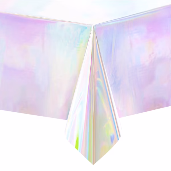 Fata De Masa Argintie Iridescenta Fata de masa argintie iridescenta din plastic, cu reflexii holografice si pastelate, impermeabila, ideala pentru Candy Bar si evenimente tematice cu unicorni sau sirene.