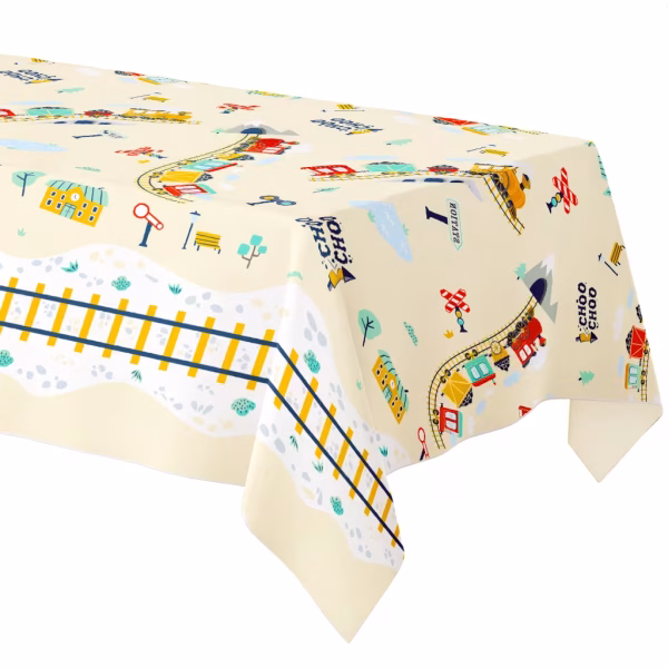 Fata De Masa Happy Express Cu Trenulet Fata de masa cu tematica Happy Express, decorata cu elemente de cale ferata, vagoane si trenulete colorate, ideala pentru petrecerile copiilor.