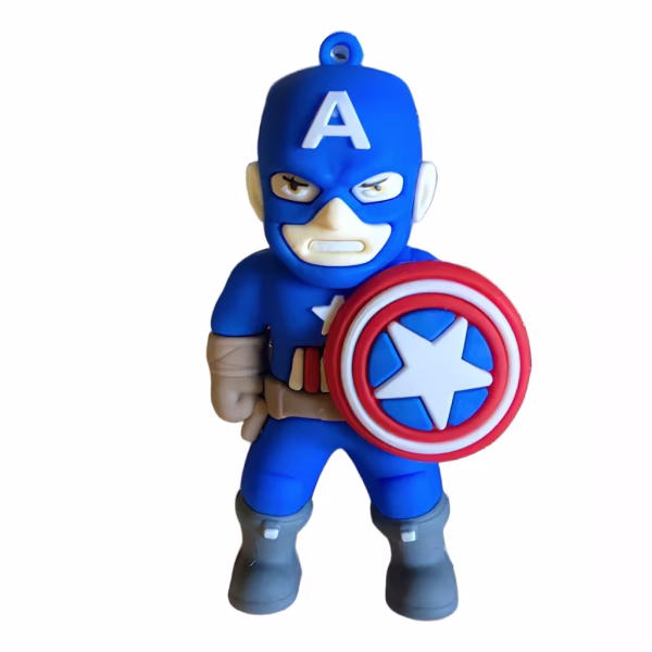 Figurină 3D pentru tort, reprezentându-l pe Căpitanul America în uniformă albastră, ținând scutul său cu stea.