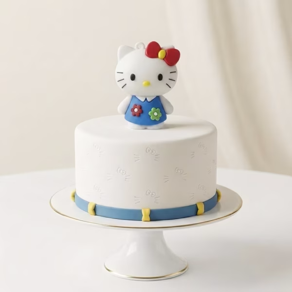 Figurină 3D topper tort Hello Kitty din silicon, purtând o rochiță albastră decorată cu floricele colorate.
