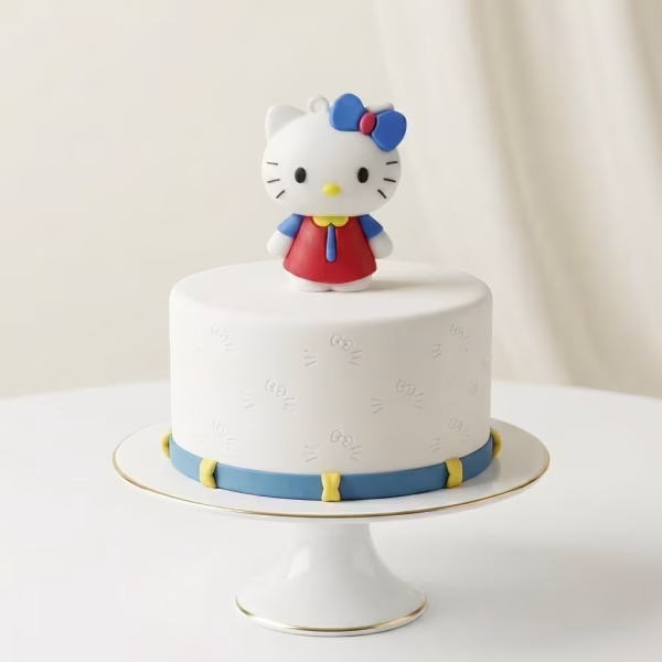 Figurină 3D decor tort Hello Kitty din silicon necasant, purtând o rochiță roșie cu mâneci albastre și guler galben.