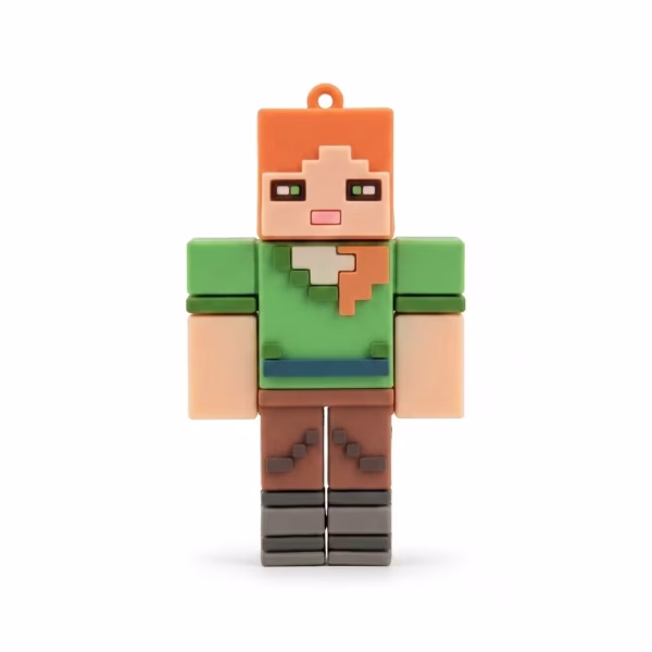 Figurină 3D din cauciuc siliconic pentru topper tort, reprezentând personajul Alex din Minecraft, cu păr portocaliu și bluză verde.