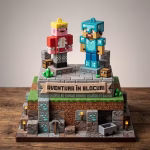 Set de 2 figurine 3D decor tort din cauciuc siliconic, reprezentându-l pe Technoblade (regele porc cu coroană) și pe Steve în armură de diamant albastră.