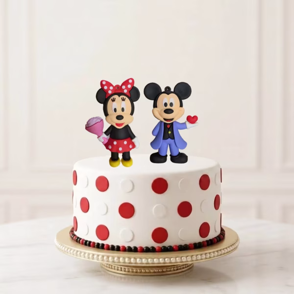 Setul C de figurine 3D pentru tort, în care Mickey este îmbrăcat elegant într-un costum albastru și ține o inimioară roșie, iar Minnie ține un buchet mov.