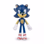 Figurină 3D decor tort, reprezentând personajul Sonic the Hedgehog din plastic albastru necasant, cu mănuși albe și detalii vopsite manual.