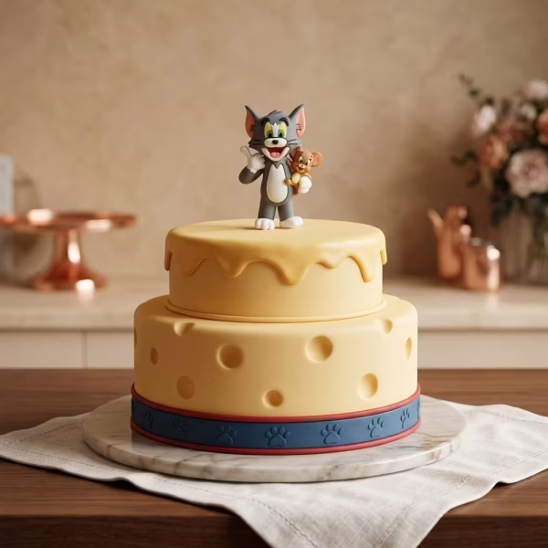 Figurină 3D pentru topper tort din silicon necasant, cu Tom zâmbind și arătând semnul OK (thumbs up), în timp ce îl ține pe Jerry în brațe, pe un tort galben.