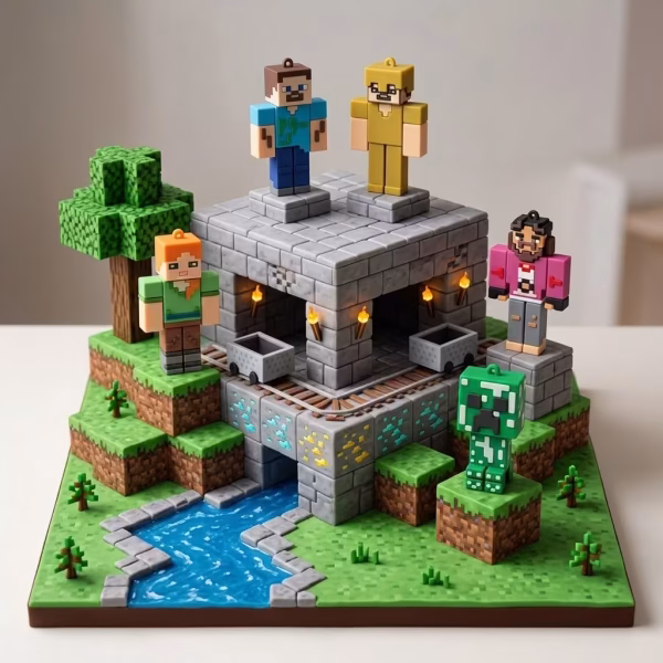 Figurină Topper Tort Minecraft 3D Prezentare pe un tort tematic format din blocuri a colecției de figurine 3D Minecraft, incluzând personajele Steve, Alex, Omul Auriu și un personaj cu barbă în tricou roz.