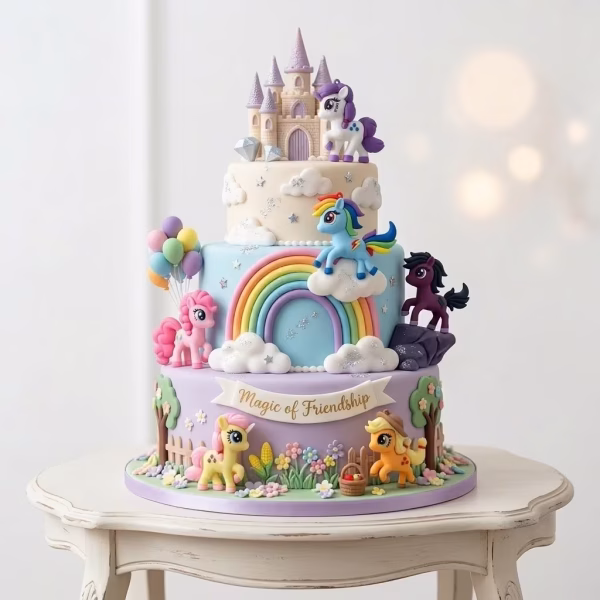 Figurină Topper Tort Unicorn / My Little Pony Prezentare pe un tort etajat de poveste a celor 6 modele de figurine 3D My Little Pony (Applejack, Pinkie Pie, Rainbow Dash, Rarity, Fluttershy și un ponei mov), realizate din cauciuc siliconic.