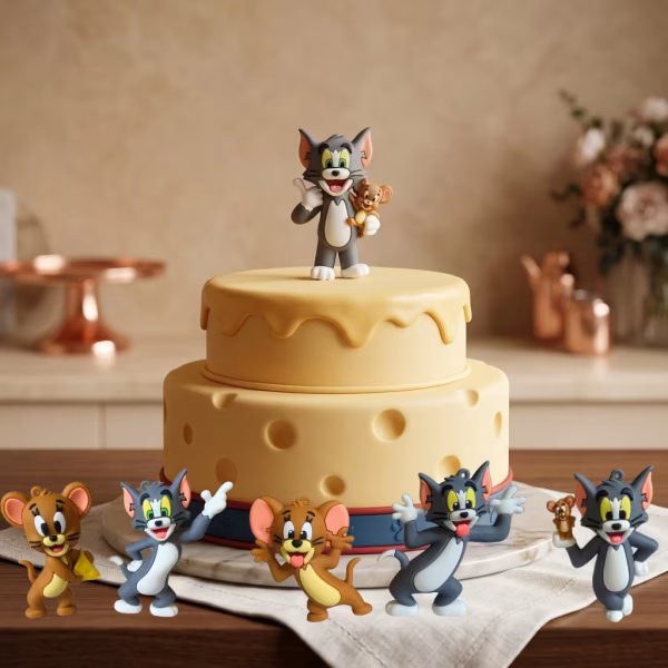 Figurine 3D Topper Tort Tom și Jerry Colecție de figurine 3D pentru topper tort cu Tom și Jerry din silicon moale, prezentate pe și lângă un tort decorat în formă de brânză.