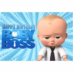 Grafica completa pentru background textil Baby Boss Cod 724B, cu bebelusul sef la cravata si textul 3D Happy Birthday Baby Boss pe un fundal albastru cu raze.