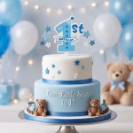Lumanare Tort Cifra 1 Baietel Lumanare de tort pentru prima aniversare in forma de cifra 1 albastra cu mesajul My 1st birthday asezata pe un tort decorat festiv cu buline si stelute.