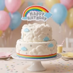 Lumanare Tort Curcubeu Happy Birthday Argintiu Lumanare de tort in forma de curcubeu cu mesajul Happy Birthday din sclipici argintiu asezata pe un tort decorat festiv. Ornamentele de pe tort nu sunt incluse.