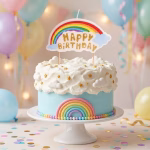 Lumanare Tort Curcubeu Happy Birthday Auriu Lumanare de tort in forma de curcubeu cu mesajul Happy Birthday din sclipici auriu asezata pe un tort decorat festiv. Ornamentele de pe tort nu sunt incluse.