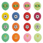 Colectie de baloane din latex colorate prezentand cele 3 tipuri de imprimeuri: minge clasica, textul GOAL in stil banda desenata si trofeu cu mesajul GO.