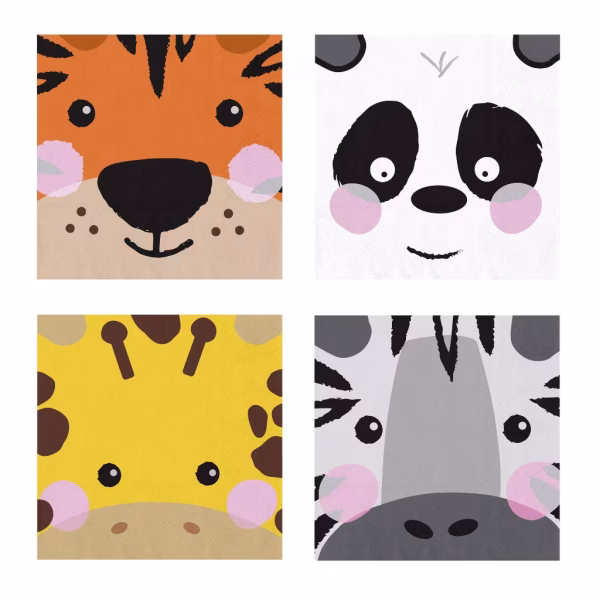 Servetele Petrecere Animale Safari, Set de servetele de hartie cu tematica Animale Safari, ilustrand in prim-plan fetele zambitoare si simpatice ale unui tigru, urs panda, girafa si zebra, cu obrajori roz.