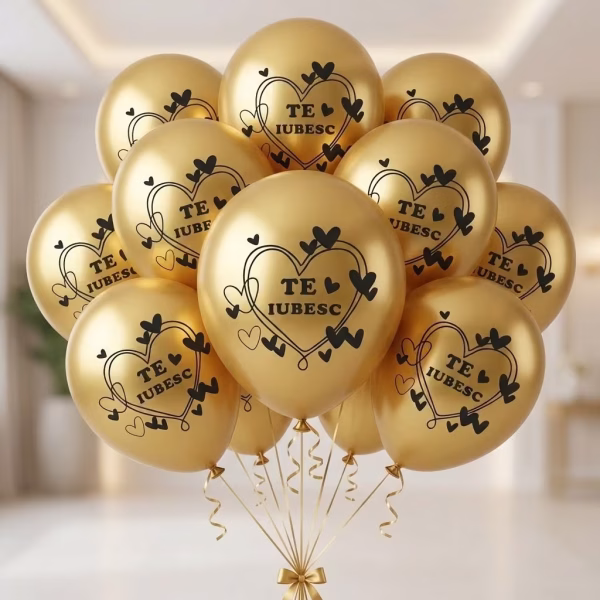 set 10 baloane latex auriu chrome 30 cm Buchet format din 10 baloane din latex auriu chrome cu efect oglinda, imprimate cu mesajul Te Iubesc si inimioare negre, perfect pentru declaratii de dragoste.