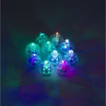 Set 10 Leduri Pentru Baloane Amestec De Culori Set de 10 mini LED-uri aprinse in intuneric, emitand un amestec de culori vibrante (verde, albastru, mov, rosu), creand un joc de lumini spectaculos pe fundal.